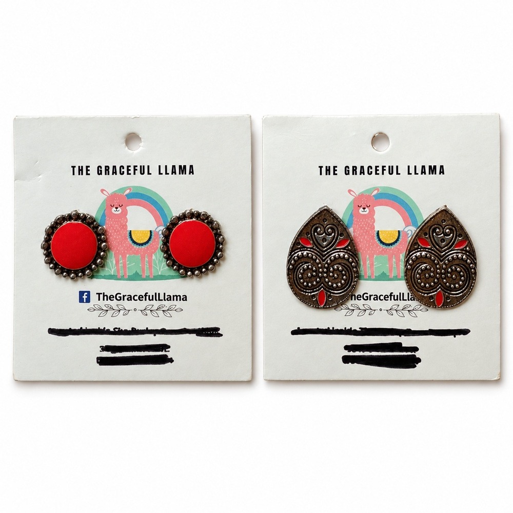 The Graceful Llama Earrings Women OS Red Silver Boho Stud 2 Pair Set